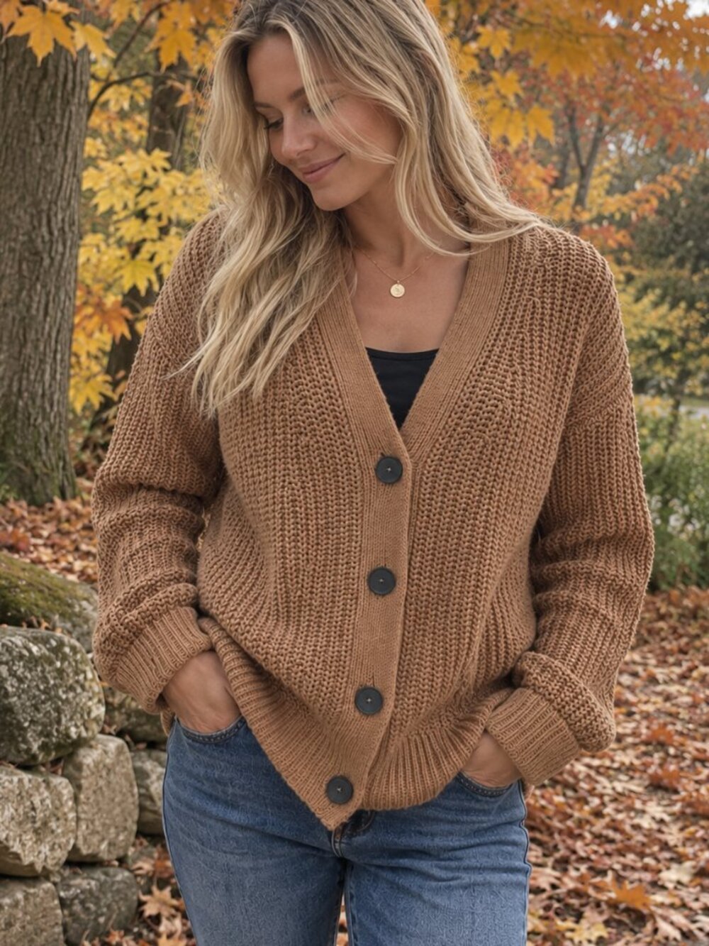 Banana Republic  Cotton Chunky Knit Cardigan Sweater Camel Brown Medium